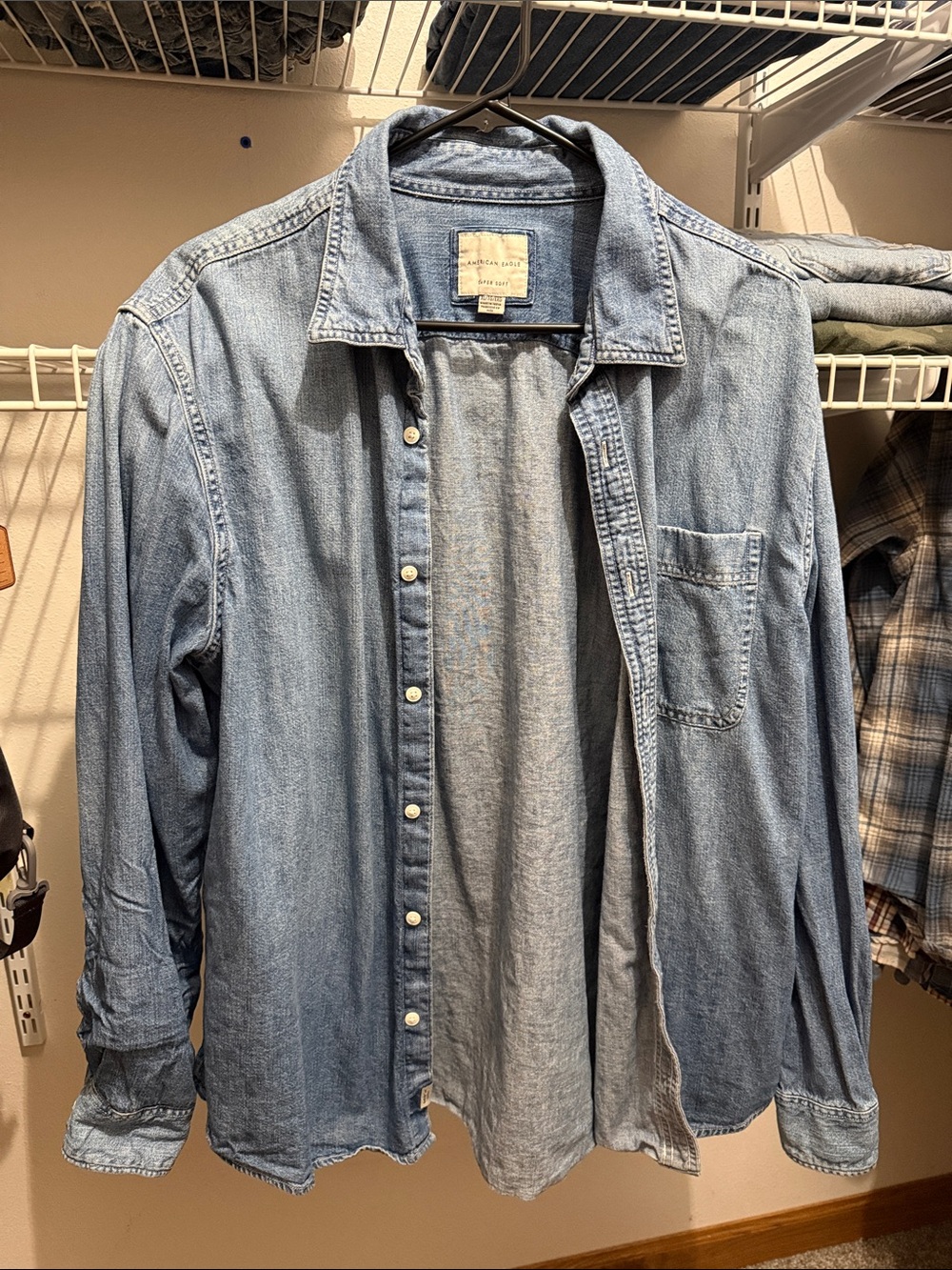 American Eagle Outfitters Light Wash Denim Button-Down Shirt